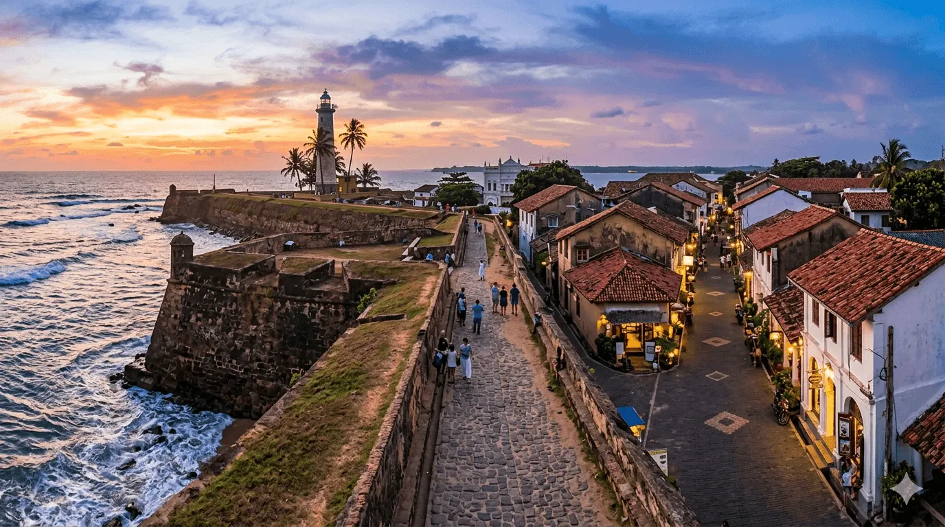 A narrow street inside Galle Fort, colonnaded verandahs and shuttered windows along both sides