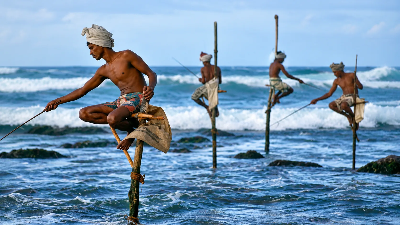 Stilt fishermen perched on poles in the shallows off Koggala, rods out over the water