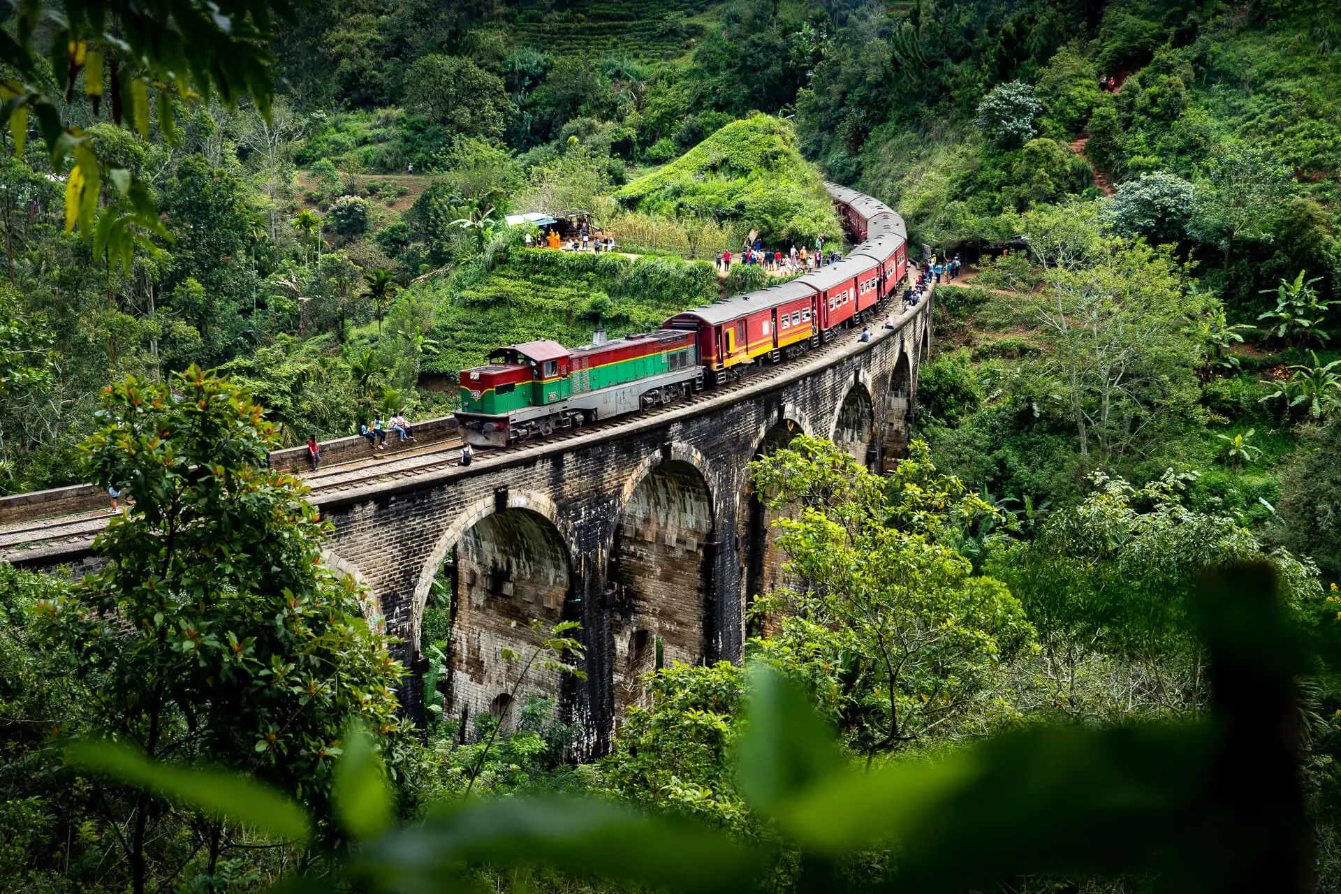 The nine stone arches of the Demodara viaduct crossing the valley, jungle rising on both sides