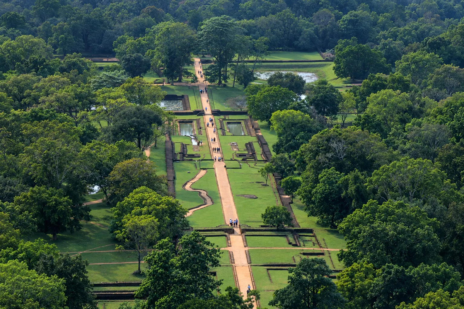The symmetrical pools and pathways of the Sigiriya water gardens seen from the summit