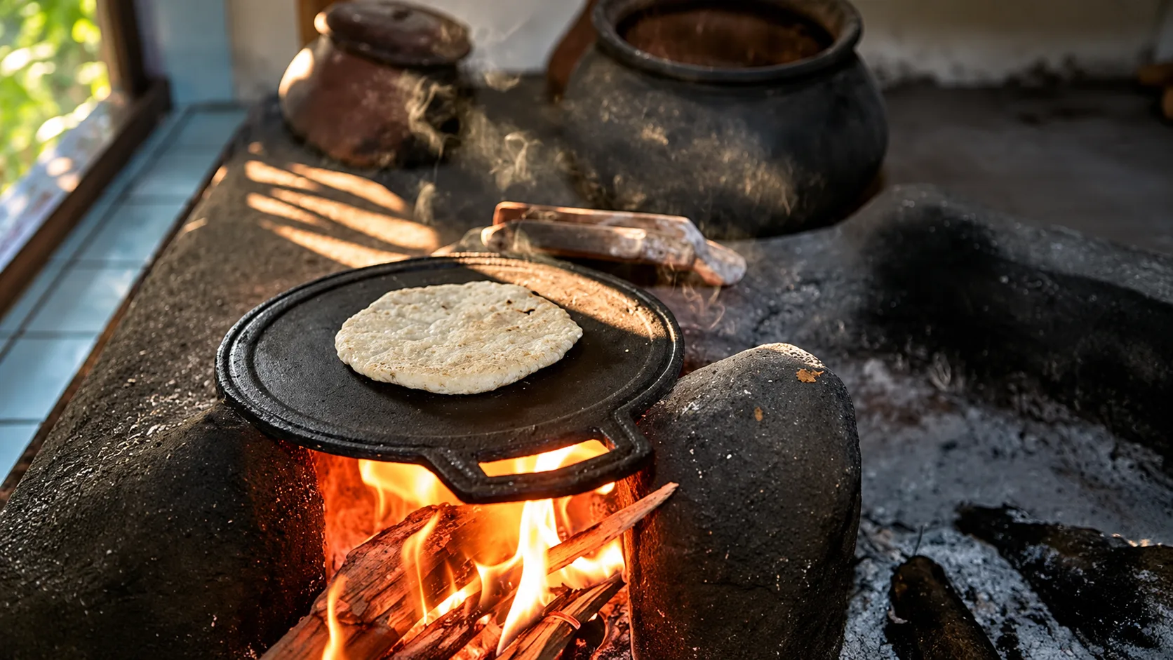 Coconut roti cooking on an open hearth in a village kitchen, hands turning one at the edge